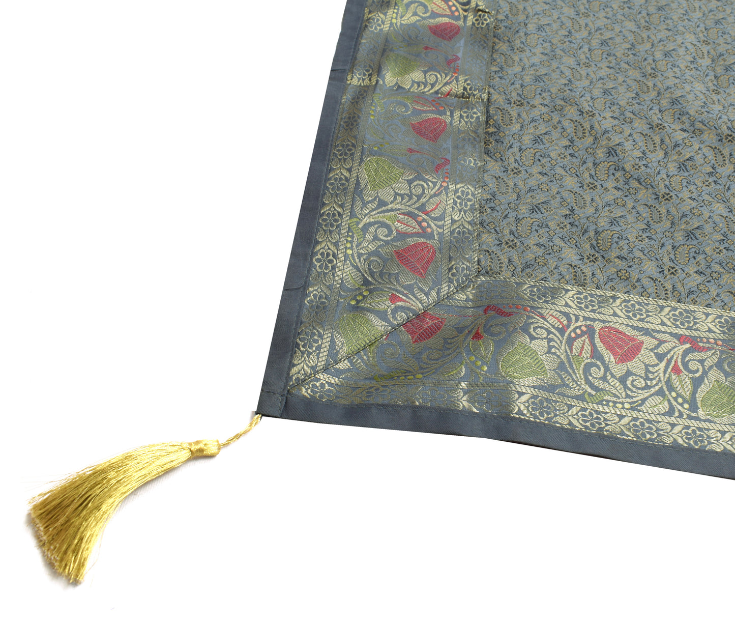 48 Inch Square Table Top Cover Gray Woven Zari Border Silk Brocade Cloth