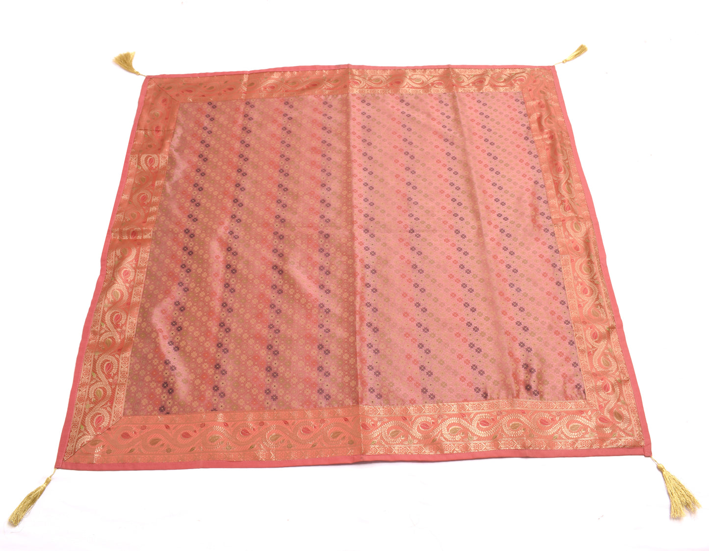 48 Inch Square Table Top Cover Peach Woven Zari Border Silk Brocade Cloth