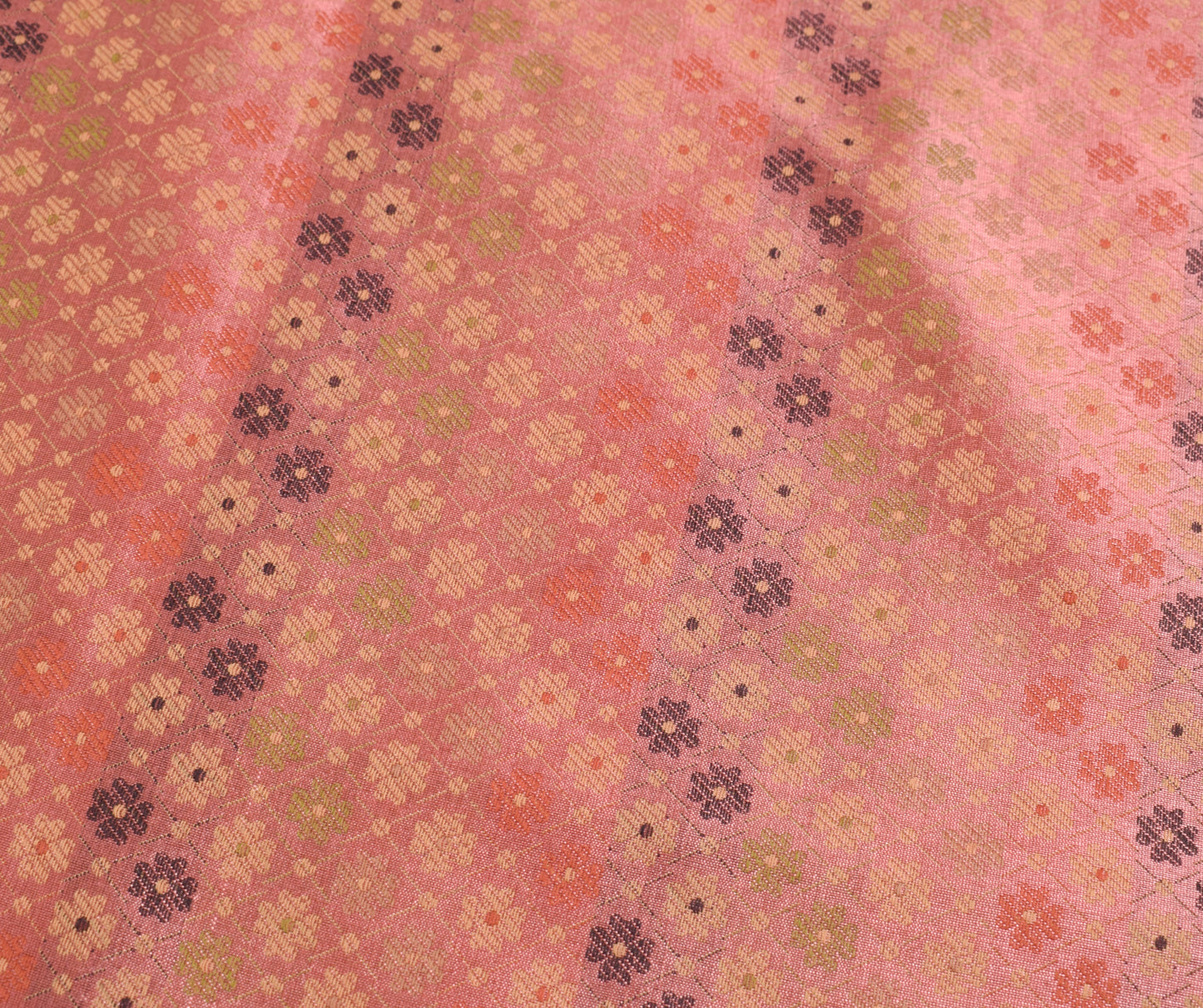 48 Inch Square Table Top Cover Peach Woven Zari Border Silk Brocade Cloth