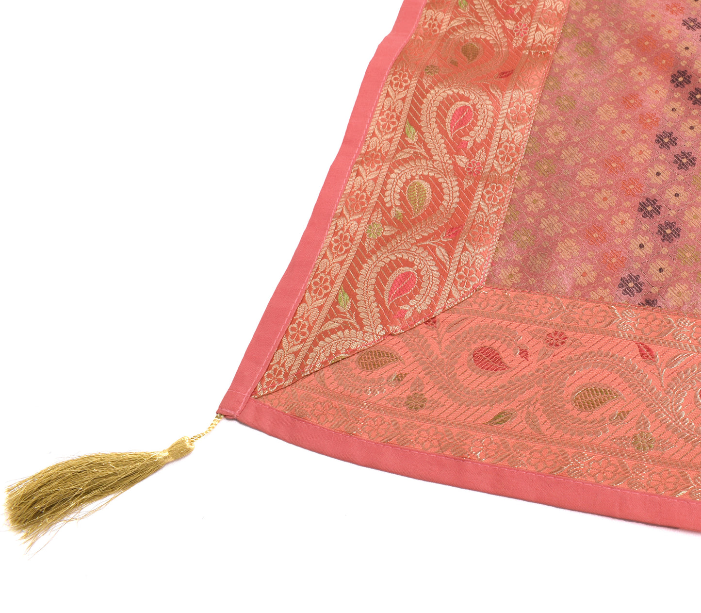 48 Inch Square Table Top Cover Peach Woven Zari Border Silk Brocade Cloth