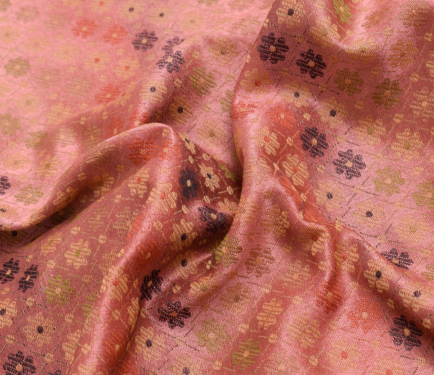 48 Inch Square Table Top Cover Peach Woven Zari Border Silk Brocade Cloth