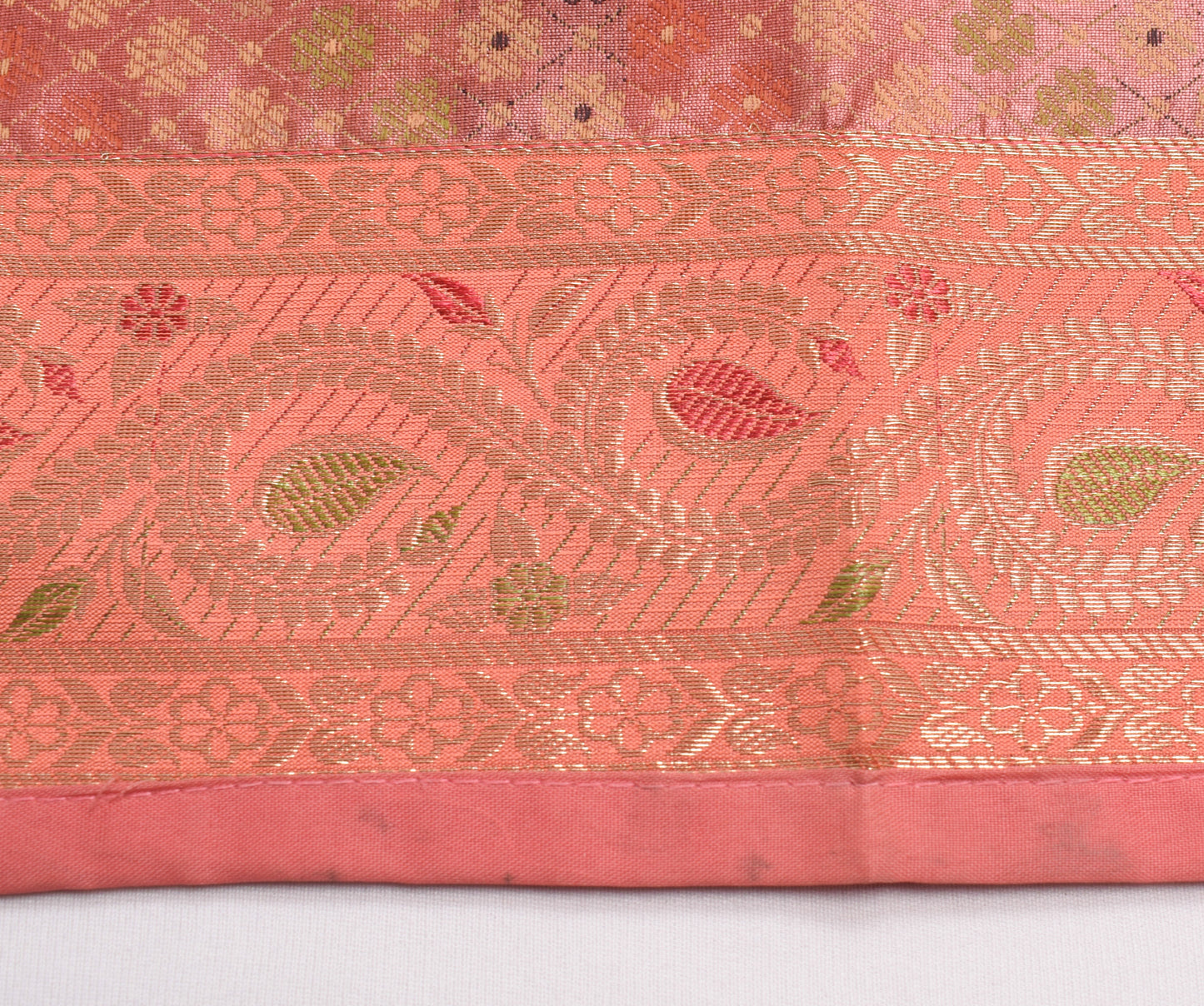 48 Inch Square Table Top Cover Peach Woven Zari Border Silk Brocade Cloth