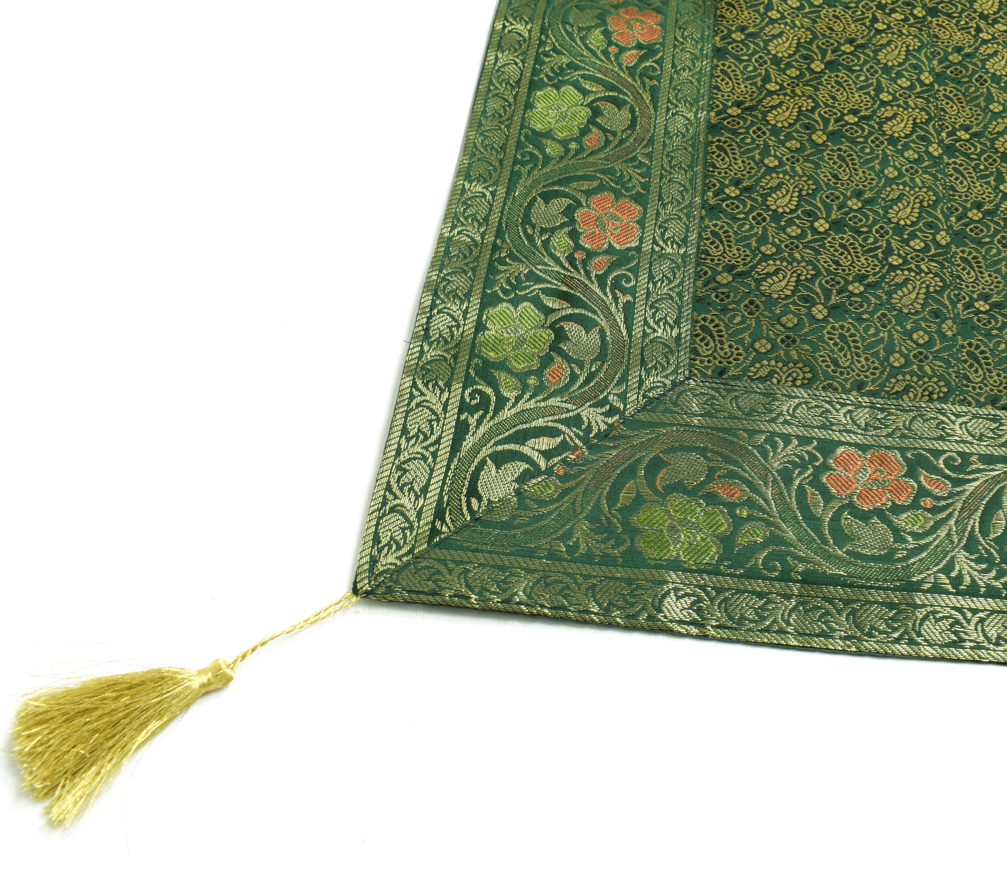48 Inch Square Table Top Cover Green Woven Zari Border Silk Brocade Cloth