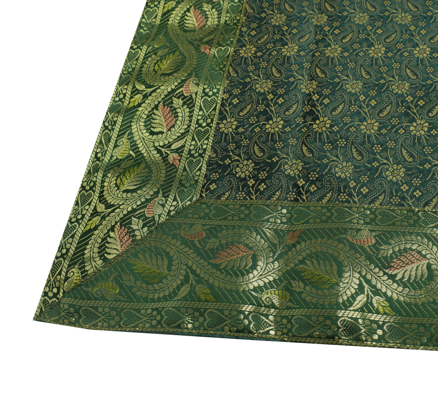 48 Inch Square Table Top Cover Dark Green Woven Zari Border Silk Brocade Cloth