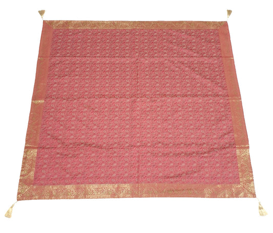 48" Square Banarasi Dining Table Top Cover Indian Silk Woven Paisley Pink Cloth