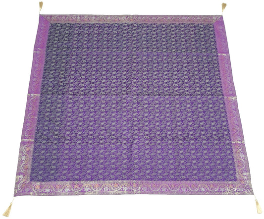 48"Square Banarasi Dining Table Top Cover Purple Indian Silk Woven Paisley Cloth