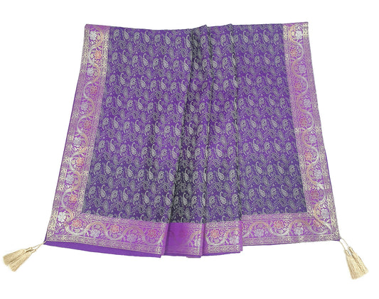 48"Square Banarasi Dining Table Top Cover Purple Indian Silk Woven Paisley Cloth