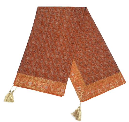 48"Square Banarasi Dining Table Top Cover Orange Indian Silk Woven Paisley Cloth