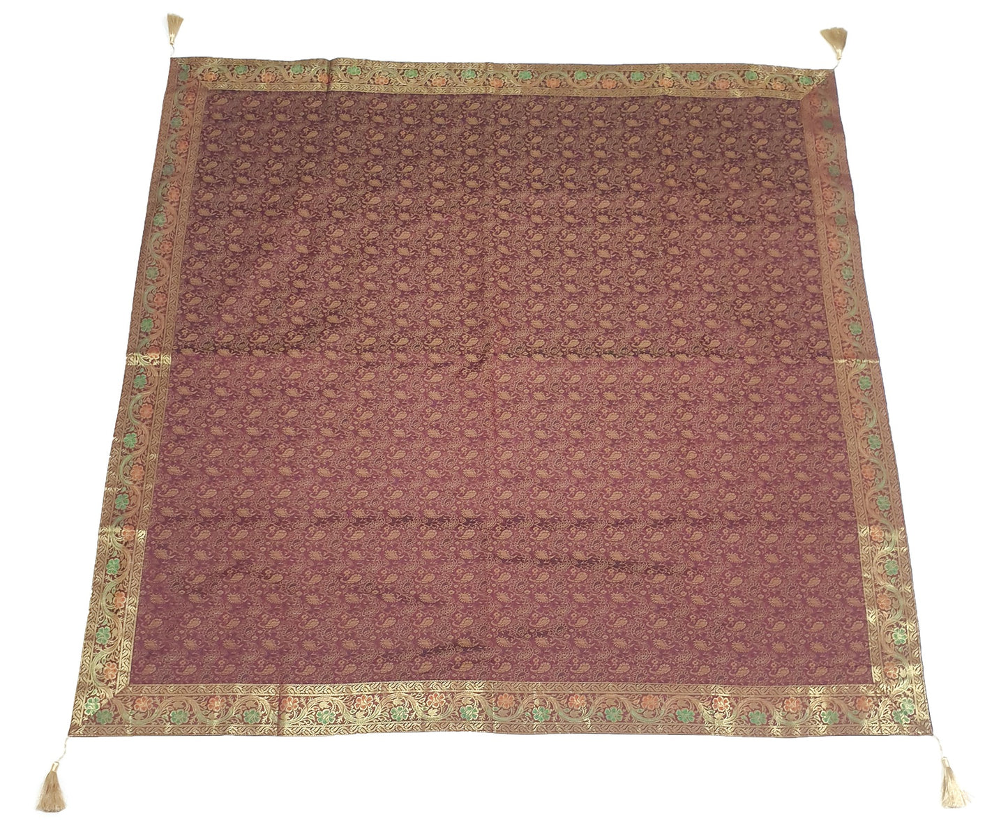 48" Square Banarasi Dining Table Top Cover Indian Silk Woven Paisley Wine Cloth