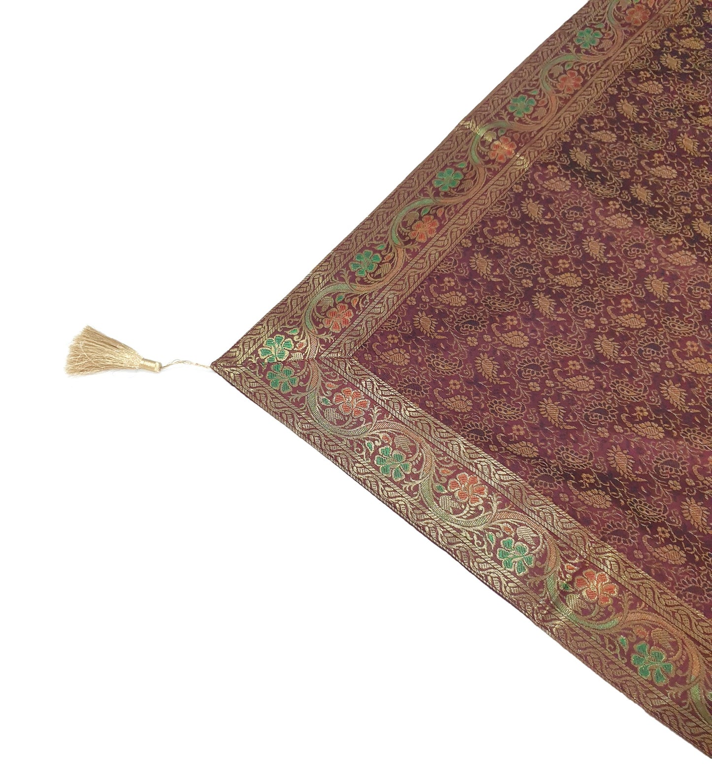 48" Square Banarasi Dining Table Top Cover Indian Silk Woven Paisley Wine Cloth