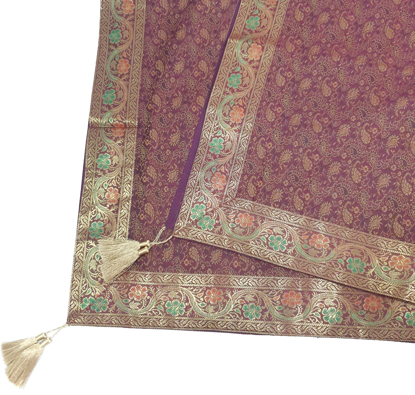 48" Square Banarasi Dining Table Top Cover Indian Silk Woven Paisley Wine Cloth