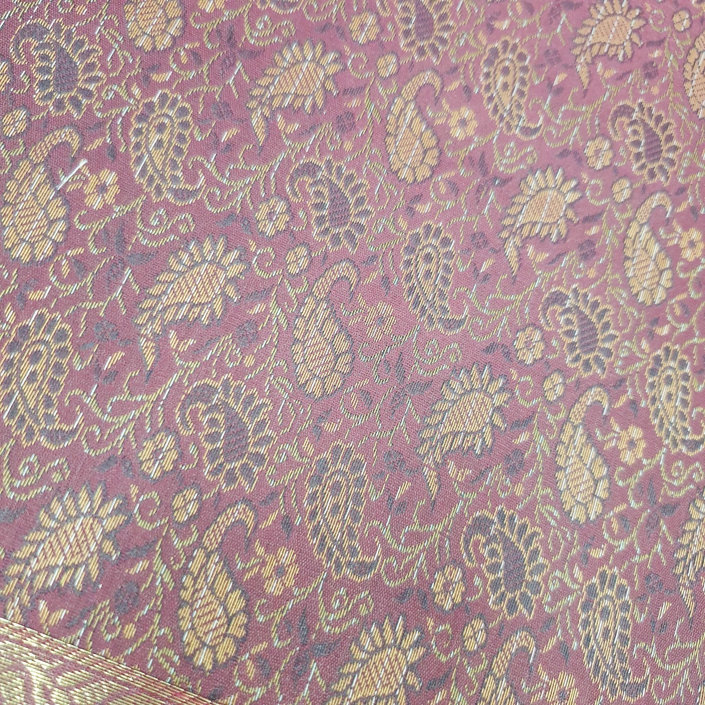 48" Square Banarasi Dining Table Top Cover Indian Silk Woven Paisley Wine Cloth