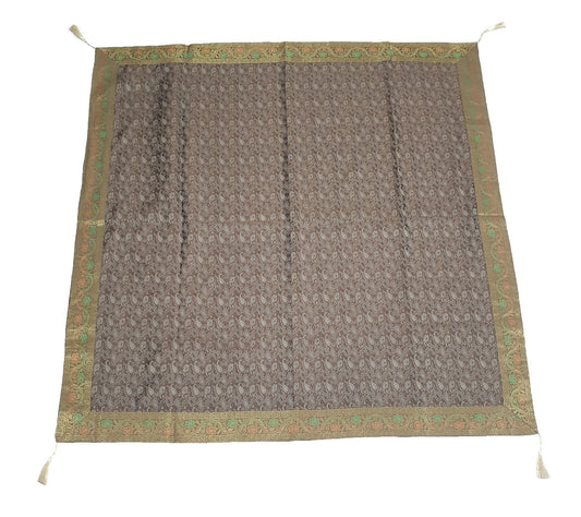 48" Square Banarasi Dining Table Top Cover Indian Silk Woven Paisley Brown Cloth