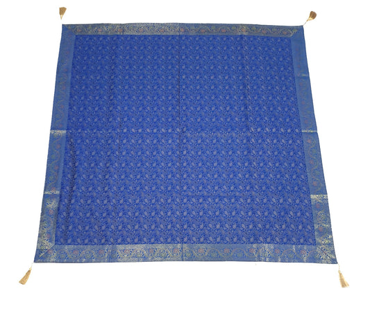 48"Square Banarasi Dining Table Top Cover Blue Indian Silk Woven Paisley Cloth