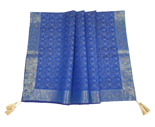 48"Square Banarasi Dining Table Top Cover Blue Indian Silk Woven Paisley Cloth