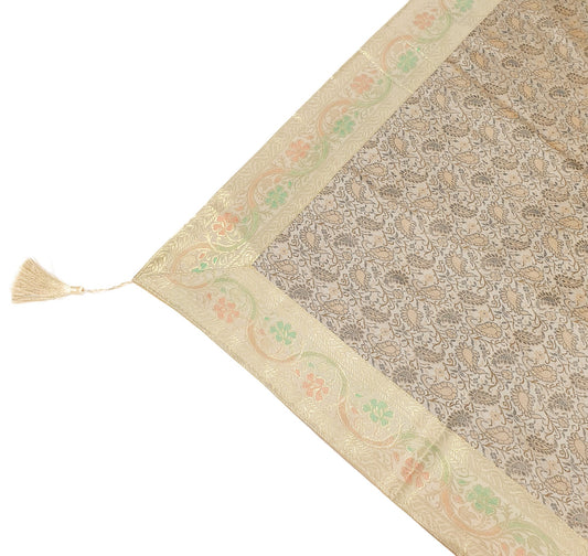 48"Square Banarasi Dining Table Top Cover Beige Indian Silk Woven Paisley Cloth
