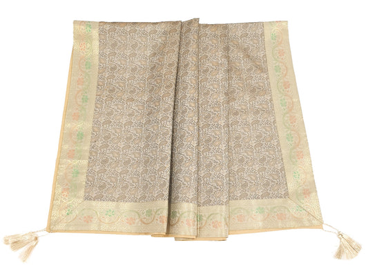 48"Square Banarasi Dining Table Top Cover Beige Indian Silk Woven Paisley Cloth