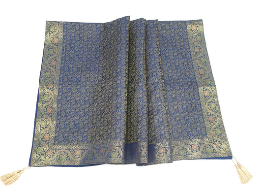 48"Square Banarasi Dining Table Top Cover Dark Blue Silk Woven Paisley Cloth