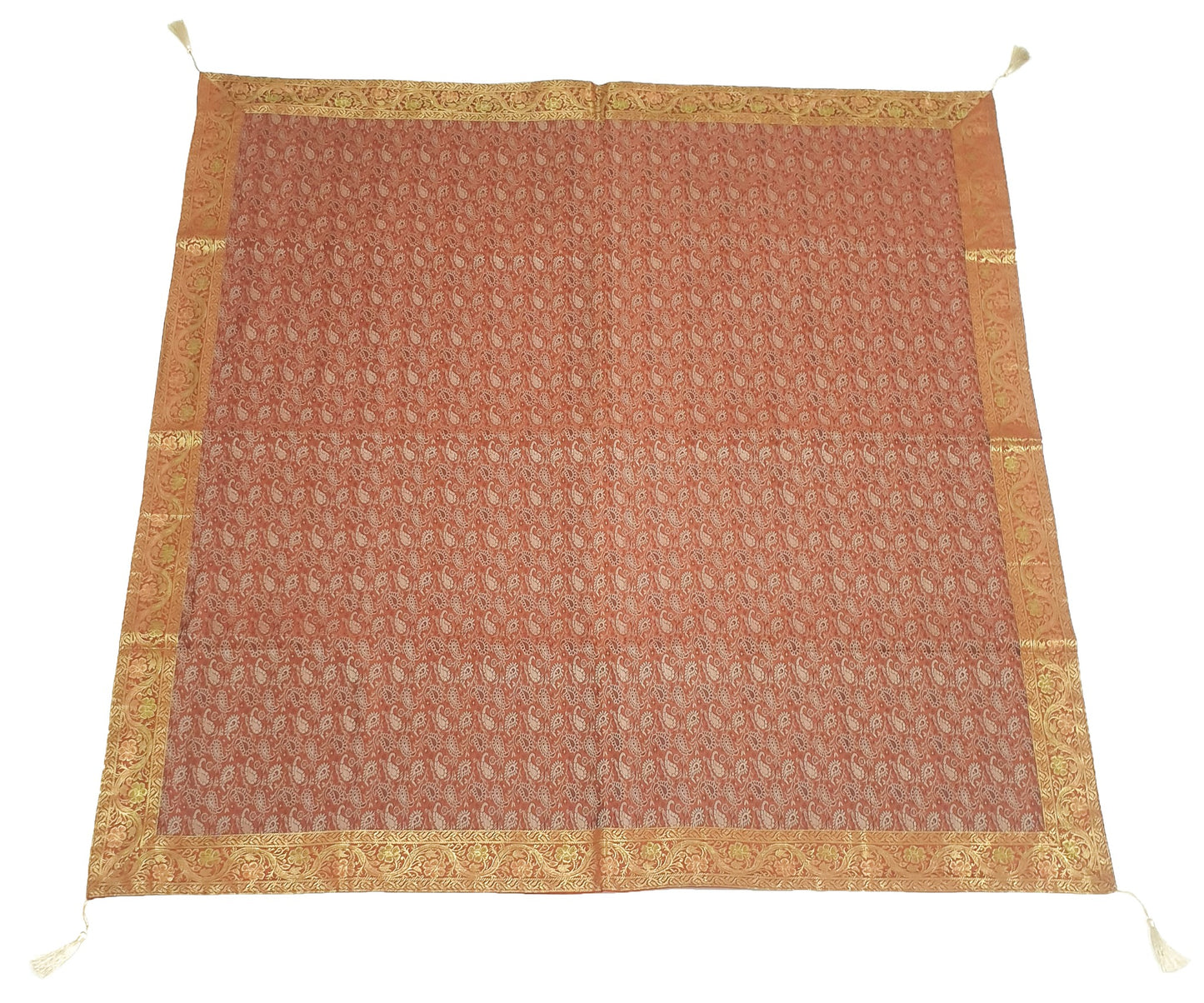 48"Square Banarasi Dining Table Top Cover Rust Indian Silk Woven Paisley Cloth