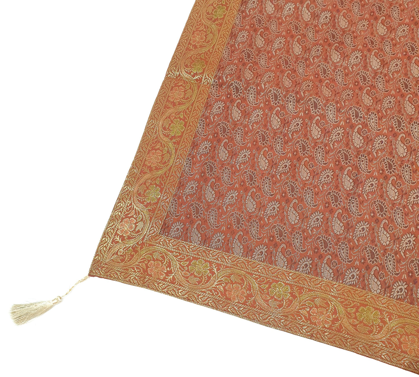 48"Square Banarasi Dining Table Top Cover Rust Indian Silk Woven Paisley Cloth