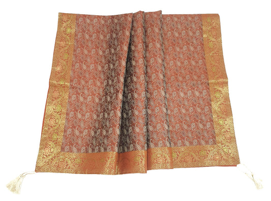 48"Square Banarasi Dining Table Top Cover Rust Indian Silk Woven Paisley Cloth