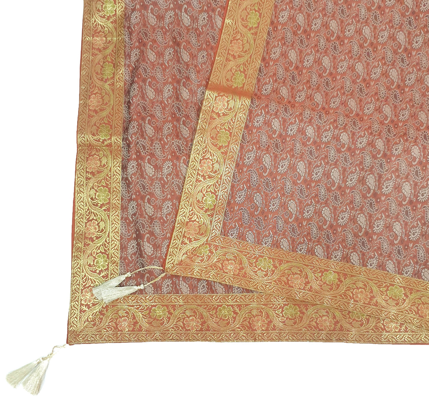 48"Square Banarasi Dining Table Top Cover Rust Indian Silk Woven Paisley Cloth