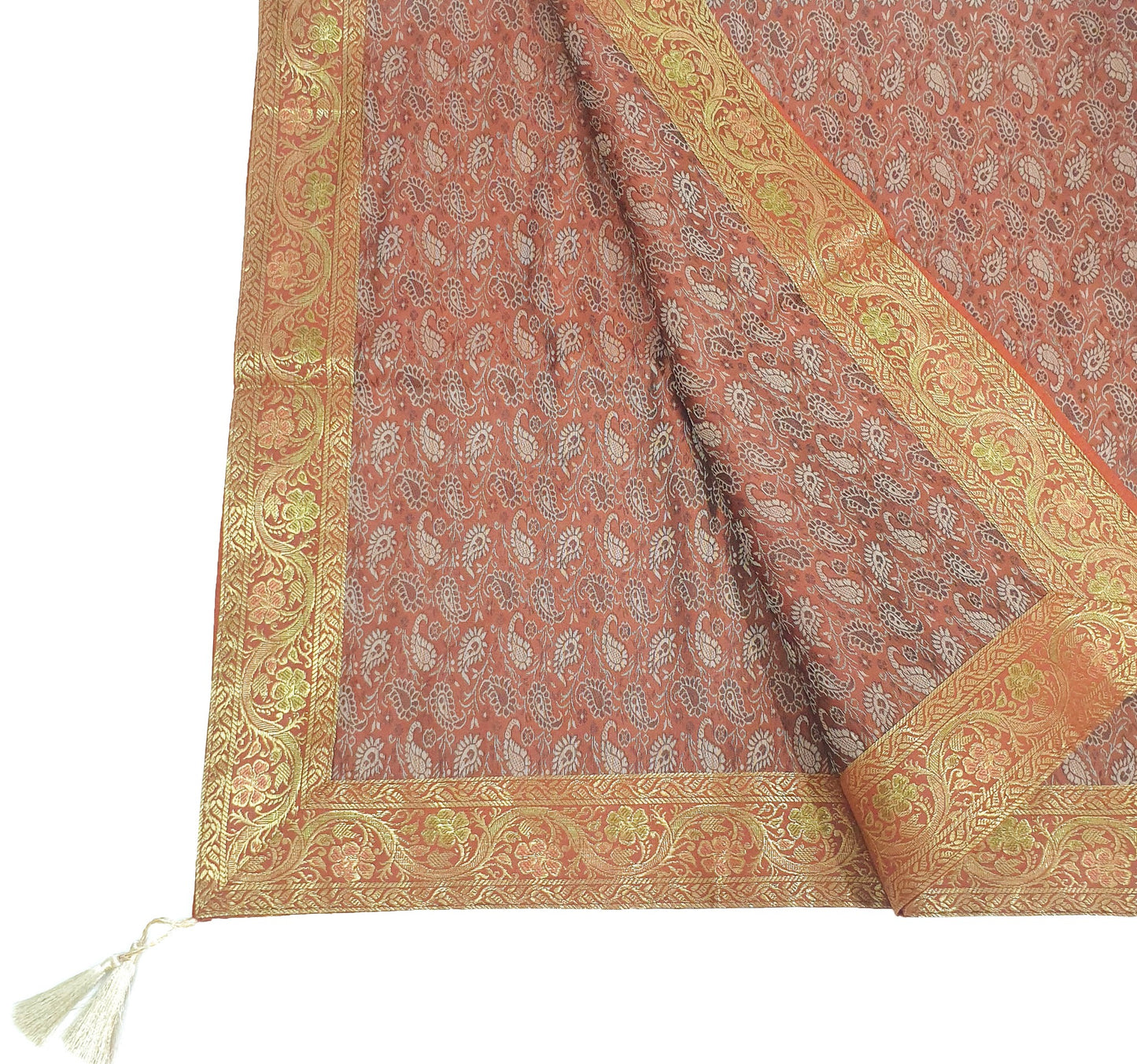 48"Square Banarasi Dining Table Top Cover Rust Indian Silk Woven Paisley Cloth