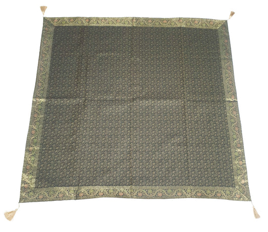 48"Square Banarasi Dining Table Top Cover Black Indian Silk Woven Paisley Cloth