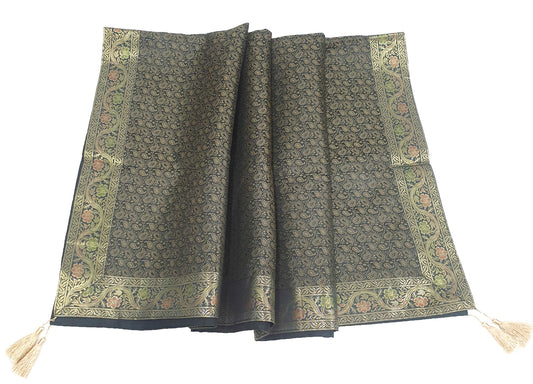 48"Square Banarasi Dining Table Top Cover Black Indian Silk Woven Paisley Cloth