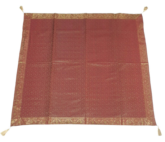 48"Square Banarasi Dining Table Top Cover Maroon Indian Silk Woven Paisley Cloth