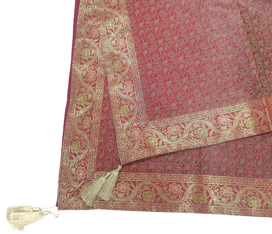 48"Square Banarasi Dining Table Top Cover Maroon Indian Silk Woven Paisley Cloth