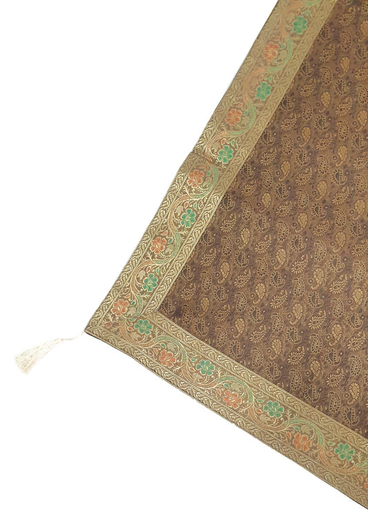 48"Square Banarasi Dining Table Top Cover Coffee Brown Silk Woven Paisley Cloth