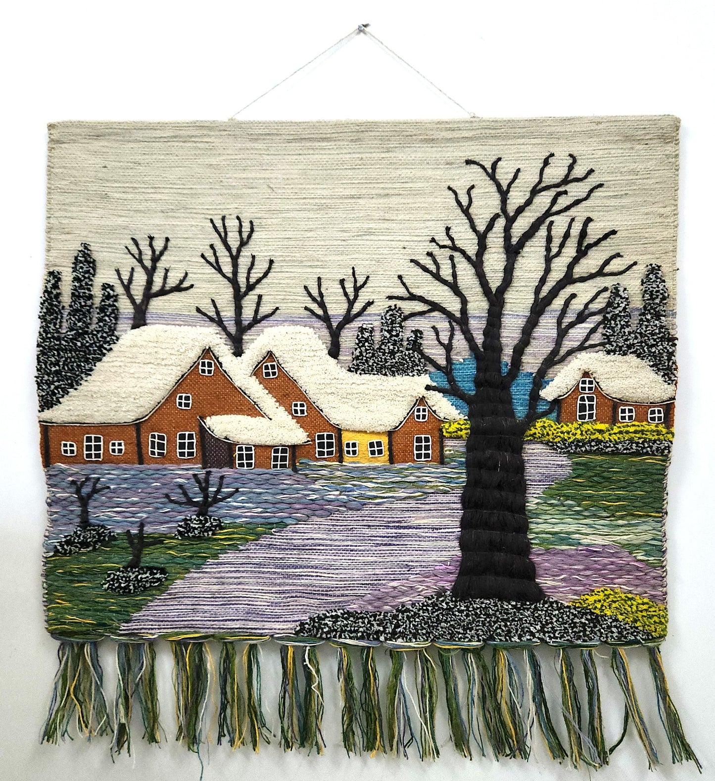 Handmade Winter Wall Hanging Home Decor Indian Large Tapestry Snowfall Wool Jute