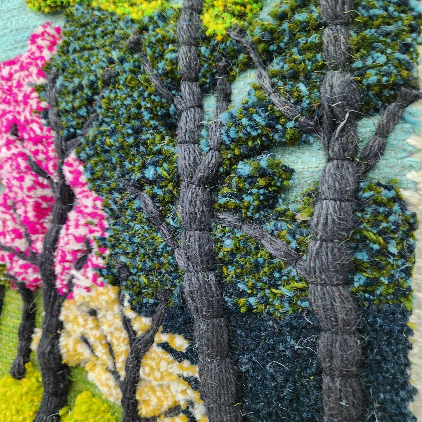 Jute & Wool Wall Hanging HandMade Indian Tapestry 3D Hut Tree Sky Greenery