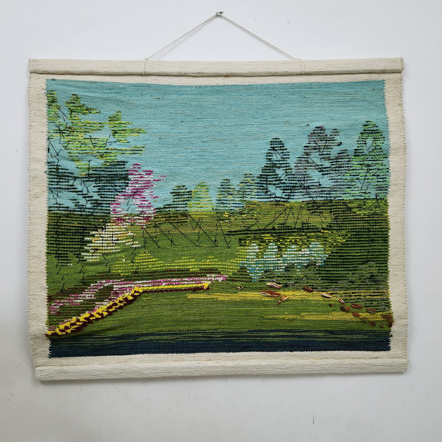 Jute & Wool Wall Hanging HandMade Indian Tapestry 3D Hut Tree Sky Greenery