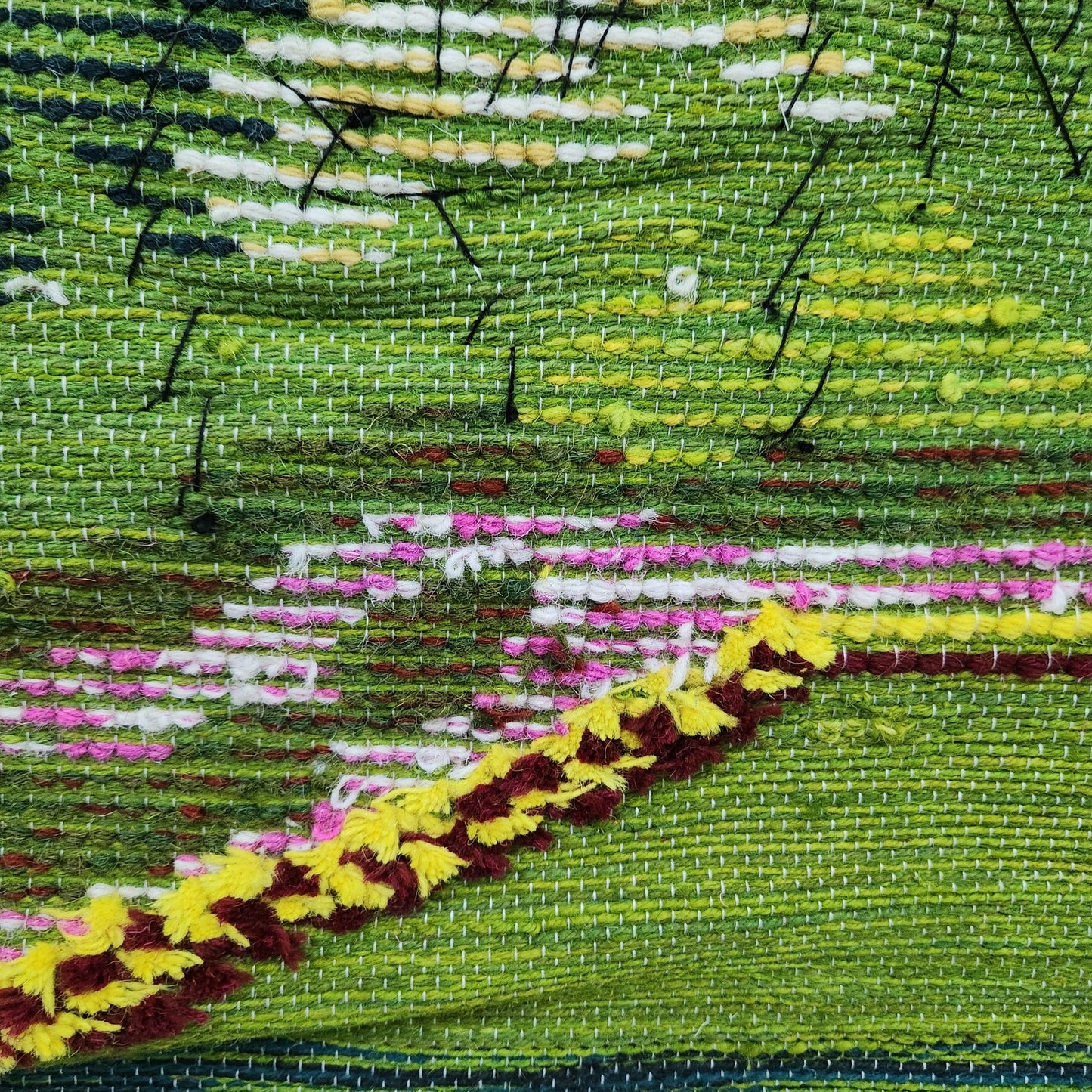 Jute & Wool Wall Hanging HandMade Indian Tapestry 3D Hut Tree Sky Greenery