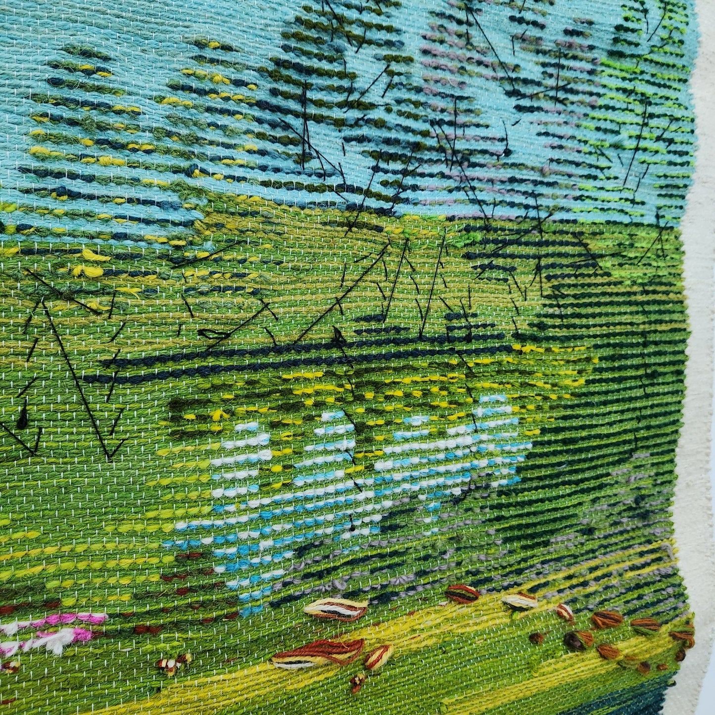 Jute & Wool Wall Hanging HandMade Indian Tapestry 3D Hut Tree Sky Greenery