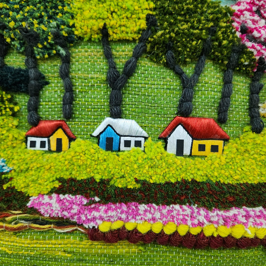 Jute & Wool Wall Hanging HandMade Indian Tapestry 3D Hut Tree Sky Greenery