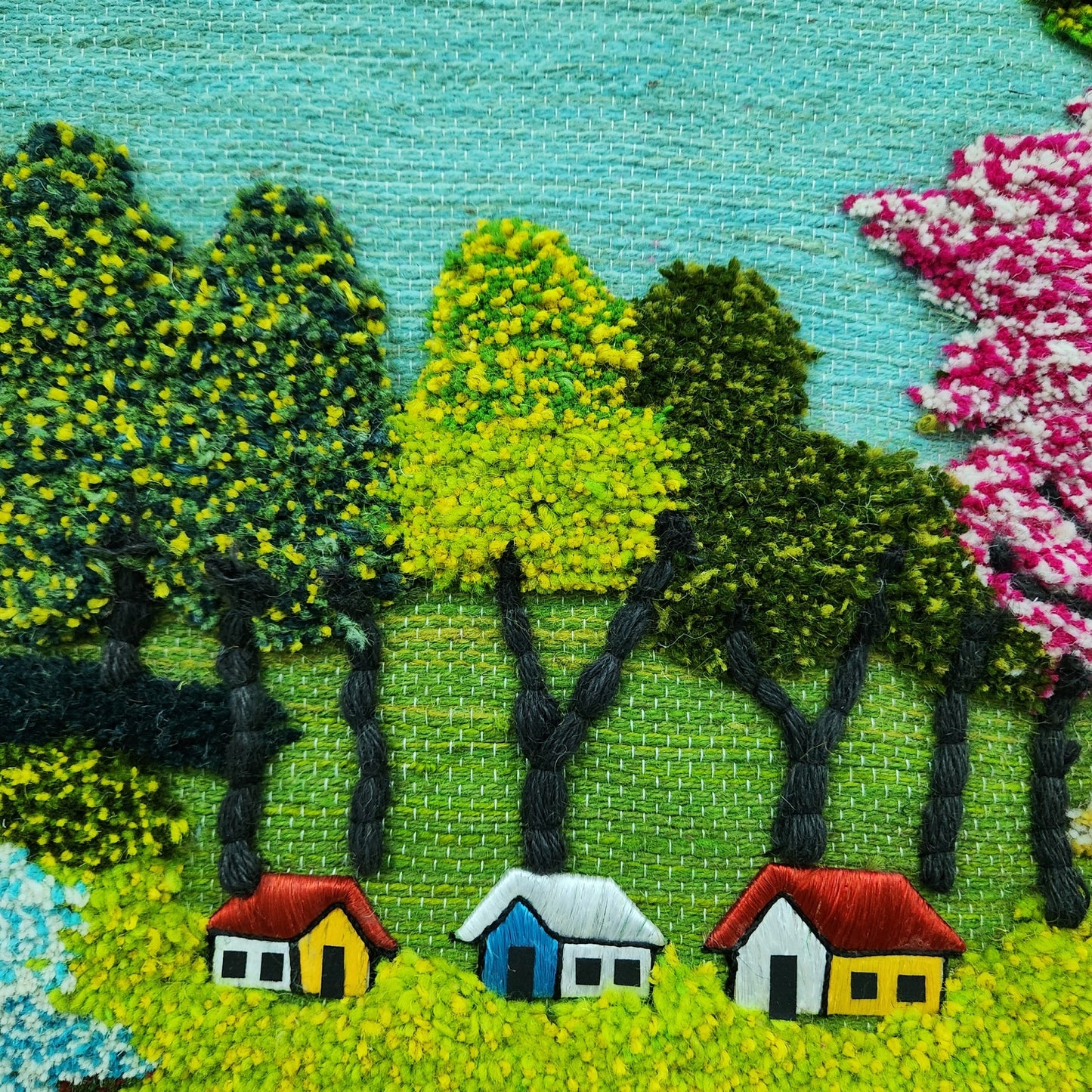 Jute & Wool Wall Hanging HandMade Indian Tapestry 3D Hut Tree Sky Greenery
