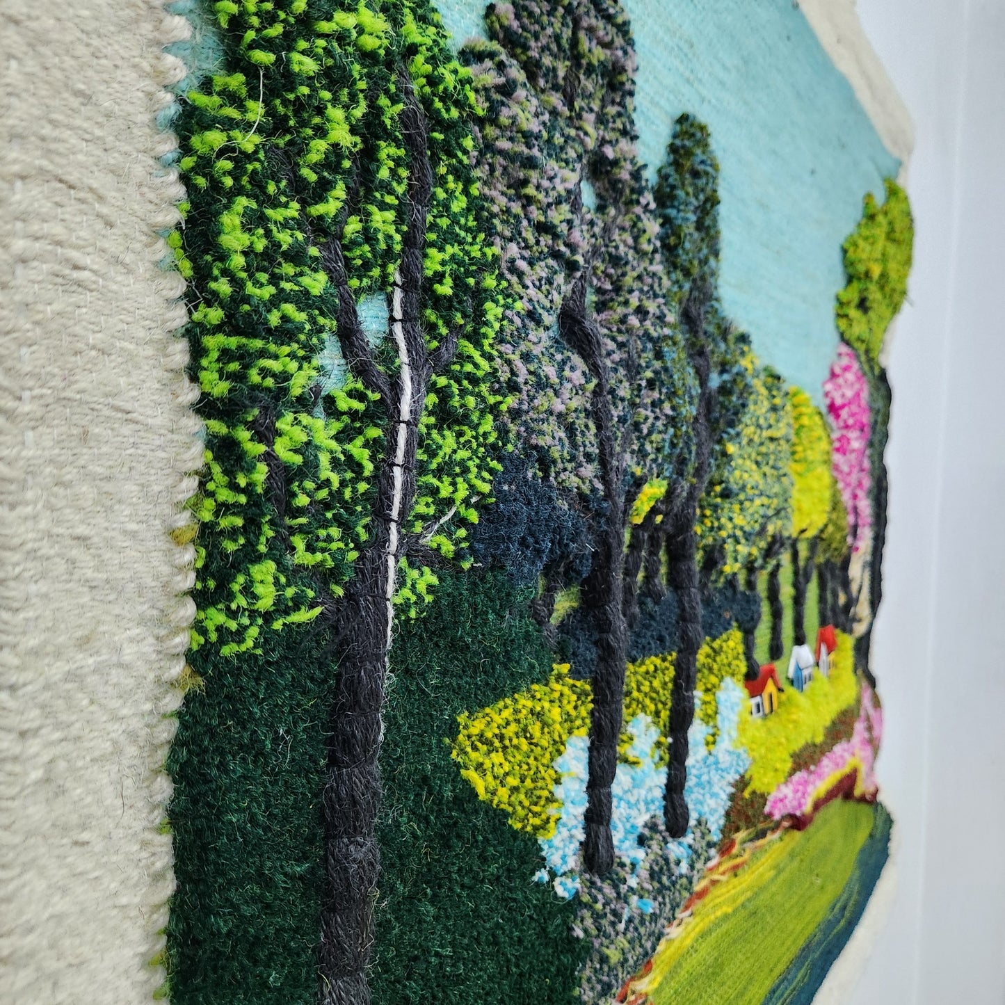 Jute & Wool Wall Hanging HandMade Indian Tapestry 3D Hut Tree Sky Greenery