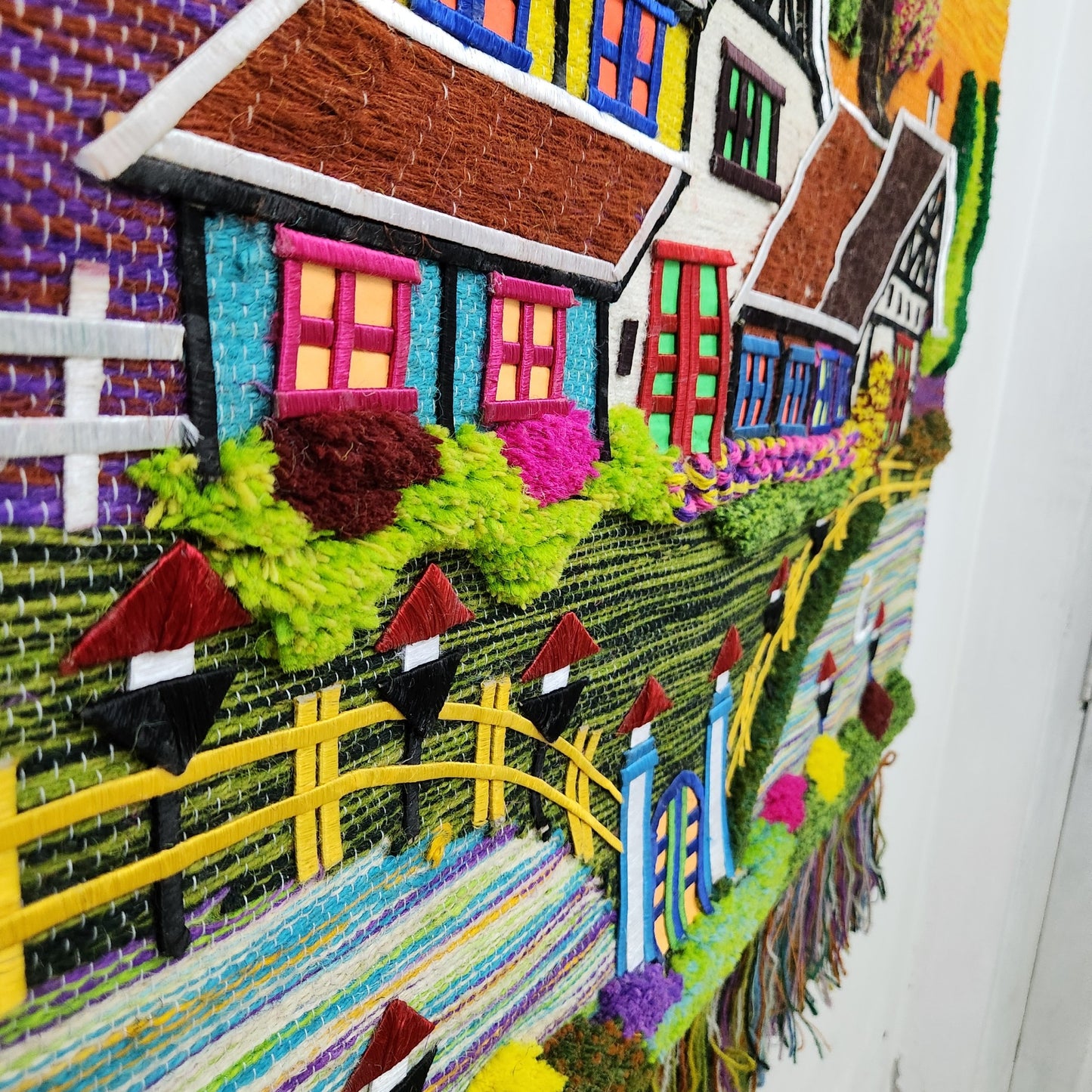 Jute & Wool Wall Hanging HandMade Indian Tapestry 3D Village Scenery Tree Birds