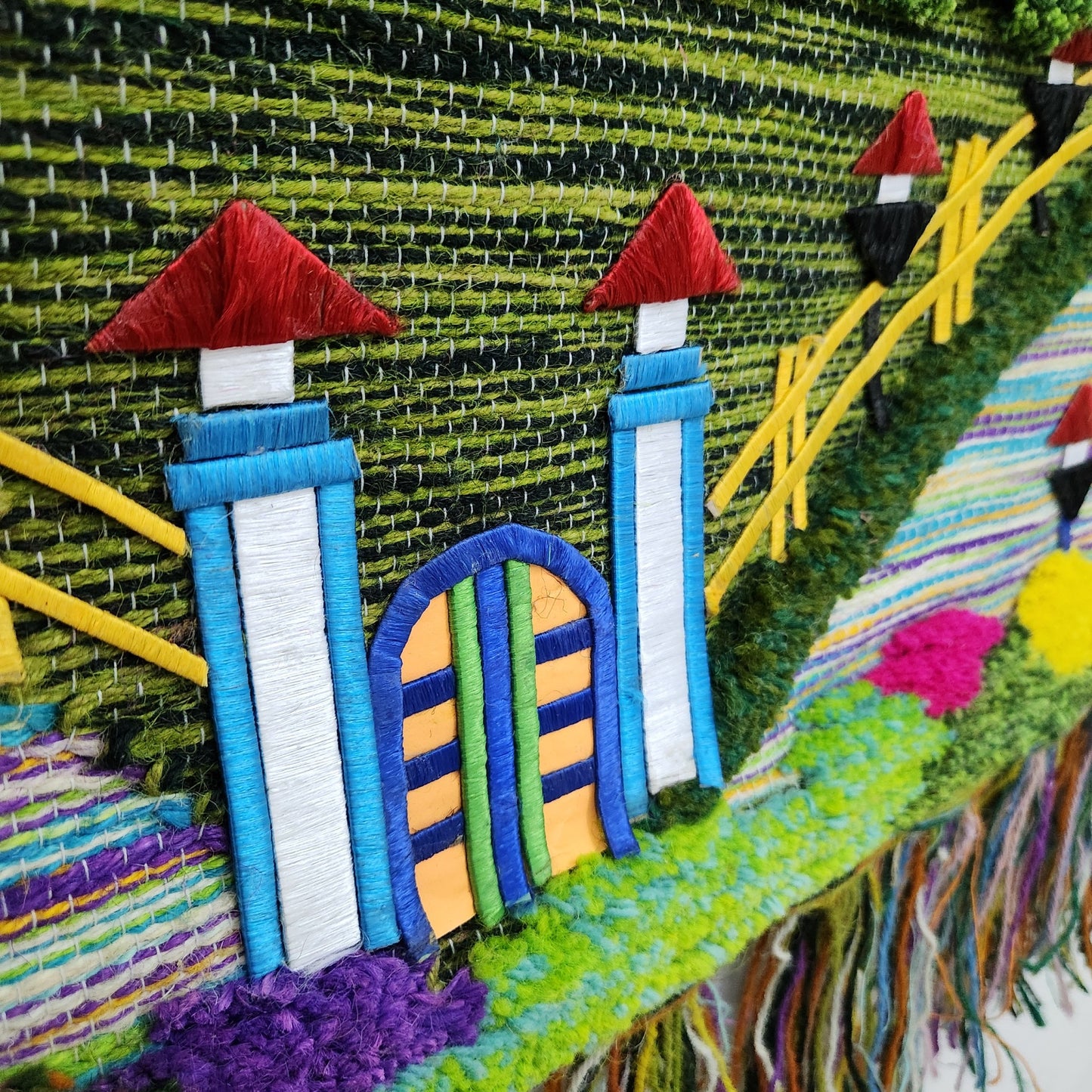 Jute & Wool Wall Hanging HandMade Indian Tapestry 3D Village Scenery Tree Birds