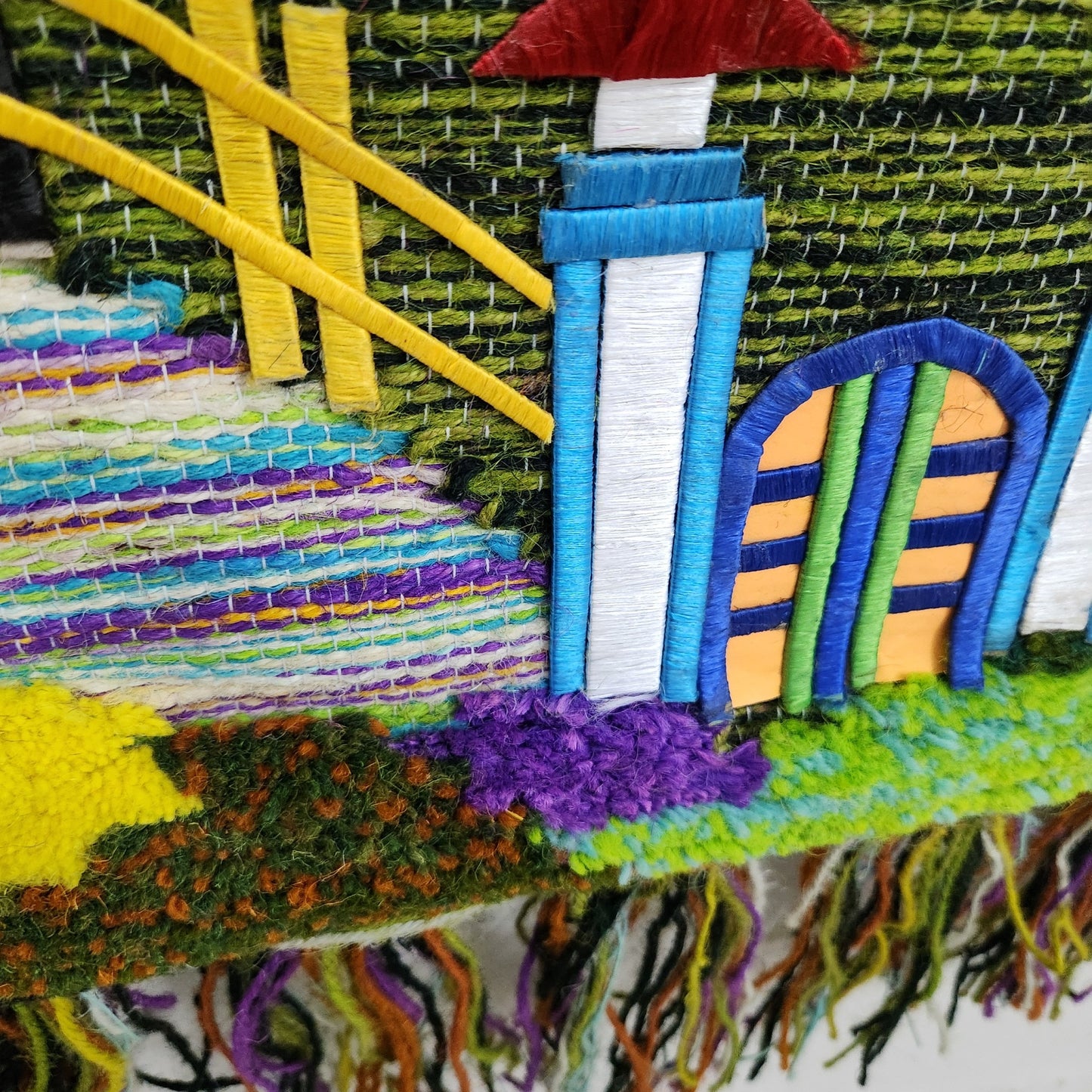 Jute & Wool Wall Hanging HandMade Indian Tapestry 3D Village Scenery Tree Birds