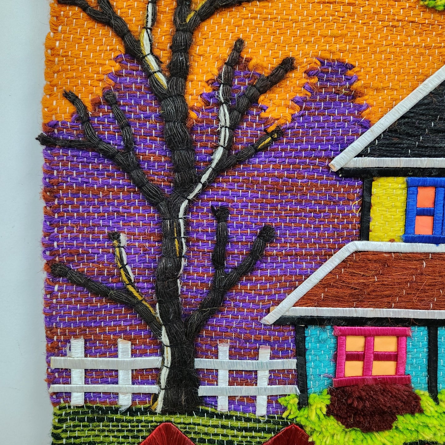 Jute & Wool Wall Hanging HandMade Indian Tapestry 3D Village Scenery Tree Birds