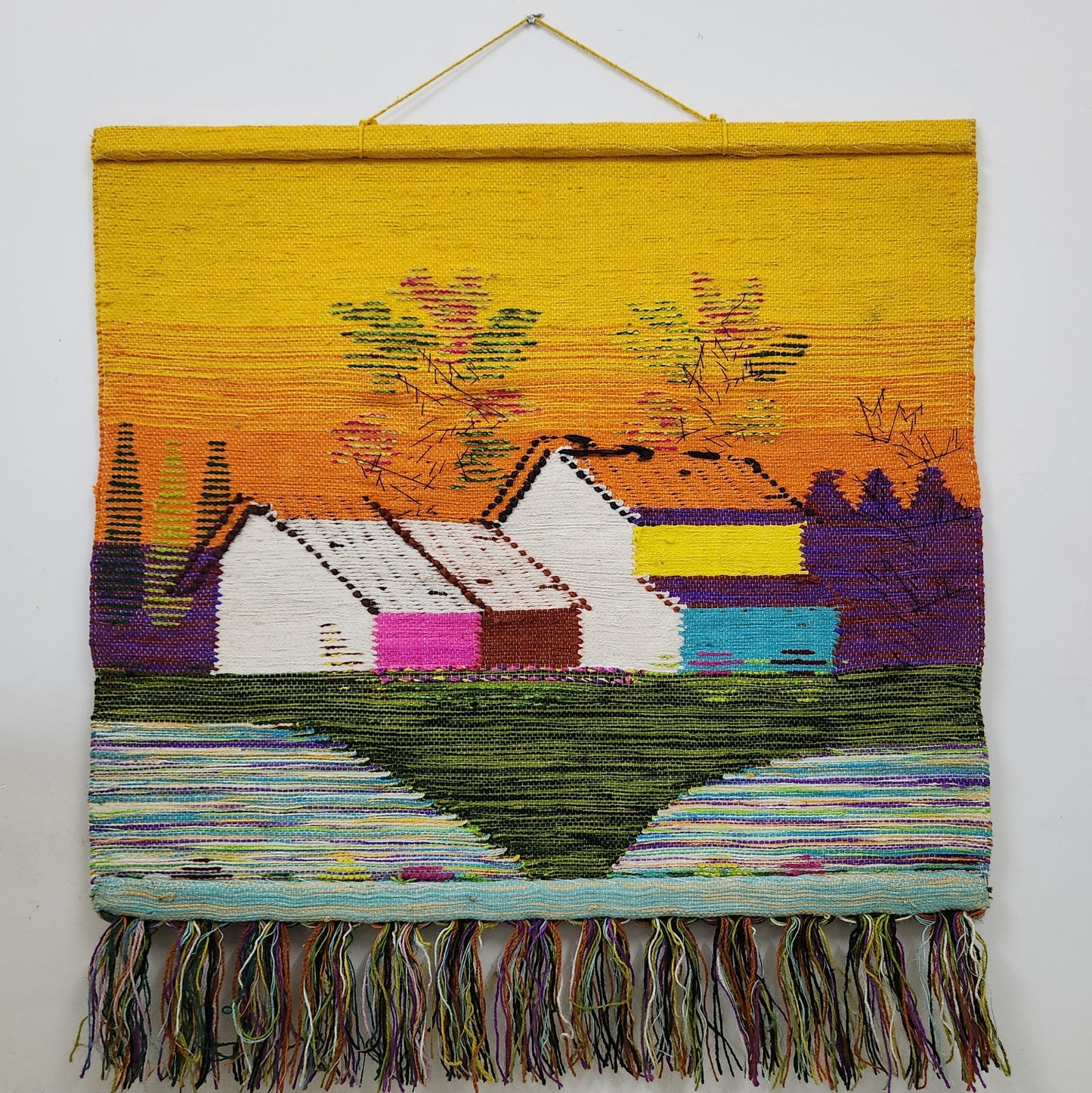 Jute & Wool Wall Hanging HandMade Indian Tapestry 3D Village Scenery Tree Birds