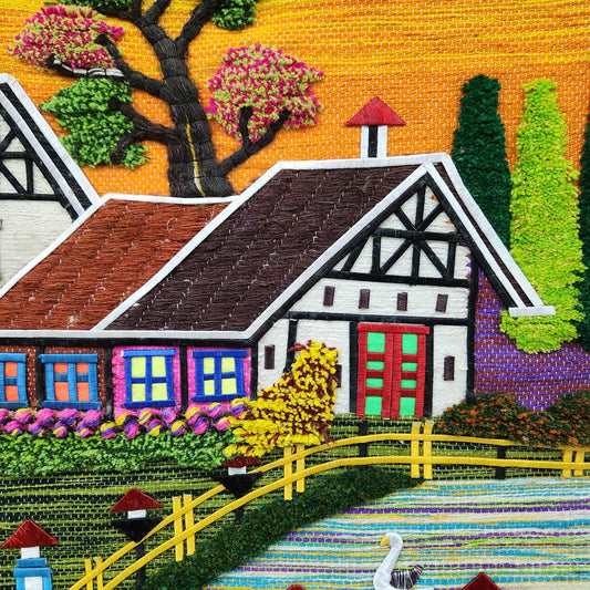 Jute & Wool Wall Hanging HandMade Indian Tapestry 3D Village Scenery Tree Birds