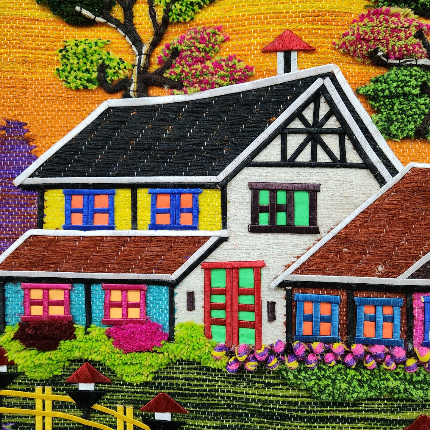 Jute & Wool Wall Hanging HandMade Indian Tapestry 3D Village Scenery Tree Birds