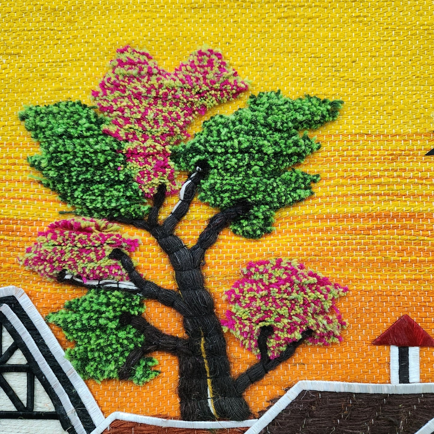 Jute & Wool Wall Hanging HandMade Indian Tapestry 3D Village Scenery Tree Birds
