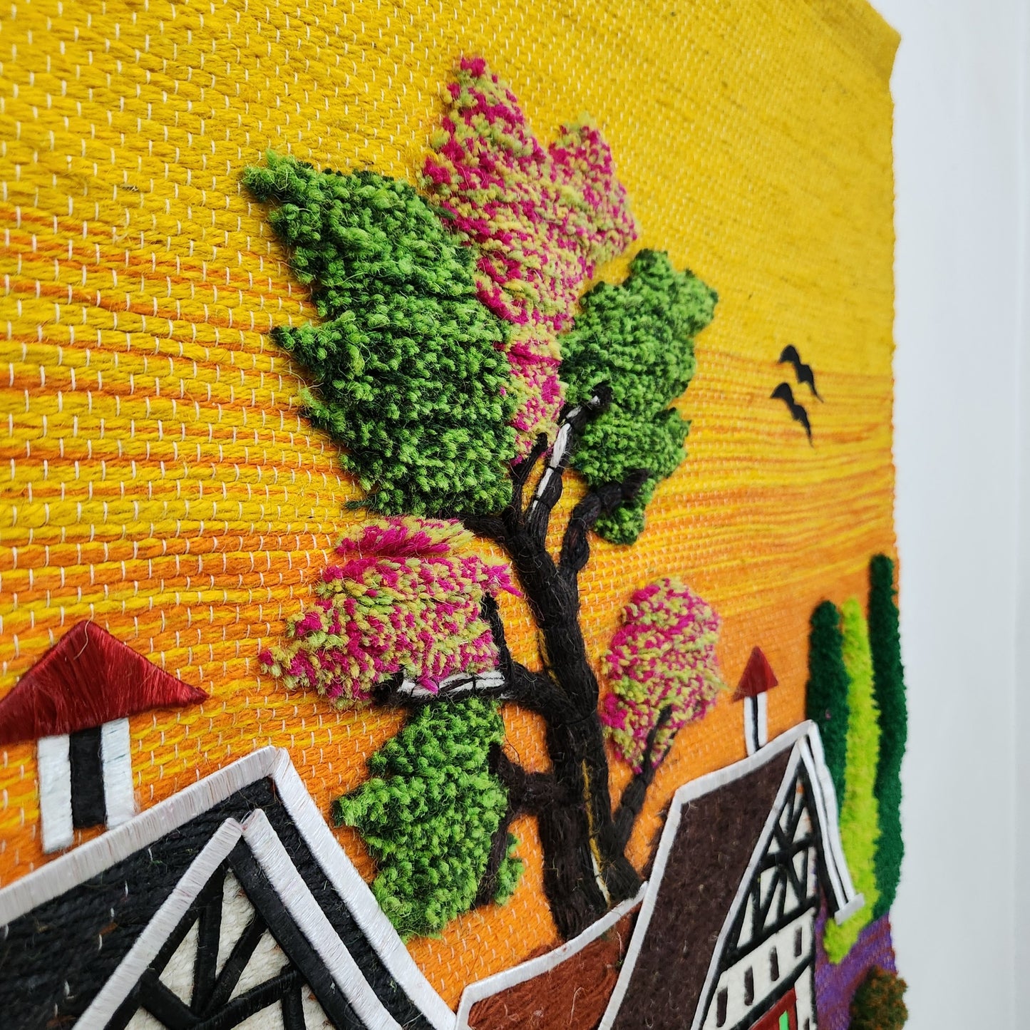 Jute & Wool Wall Hanging HandMade Indian Tapestry 3D Village Scenery Tree Birds