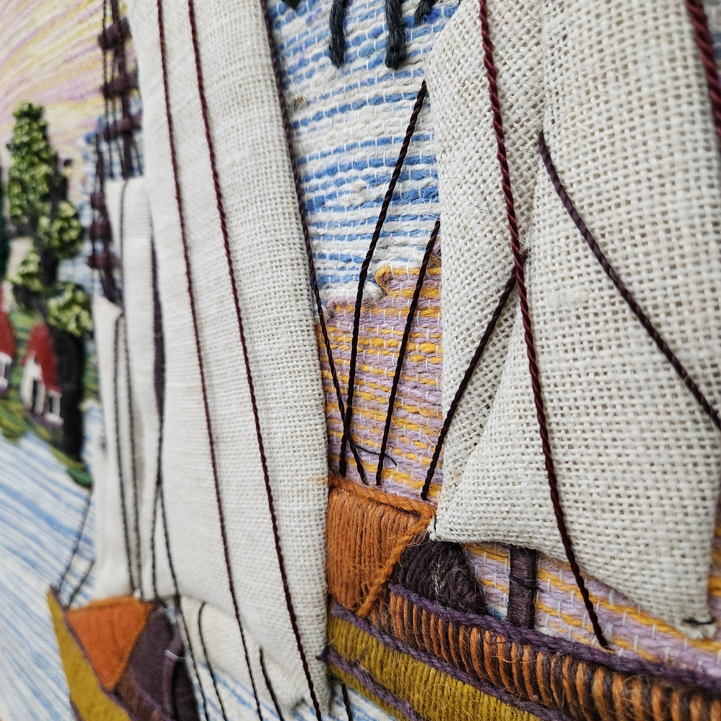 Jute & Wool Wall Hanging HandMade Indian Tapestry 3D Scenery Tree Boats & Nature